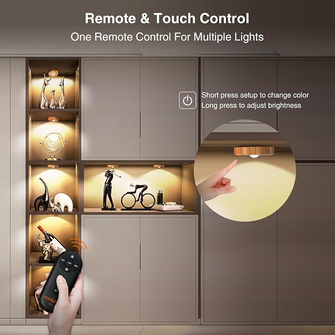Puck Lights with Remote Control,Under Cabinet Lighting,Wood,5PCS | 2200mAh Rechargeable Push Light,3 Color Temperatures Dimmable Under Cabinet,Closet Light,Tap Light for Shelf,Bookcase
