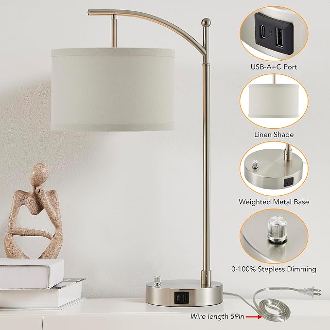 Table Lamp for Living Room Bedroom, 23.5" Table Lamps Set of 2 with USB C+A Ports, Bedside Lamps for Nightstand with Linen Lamp Shades, 2 Dimmable LED Bulbs Included, Silver