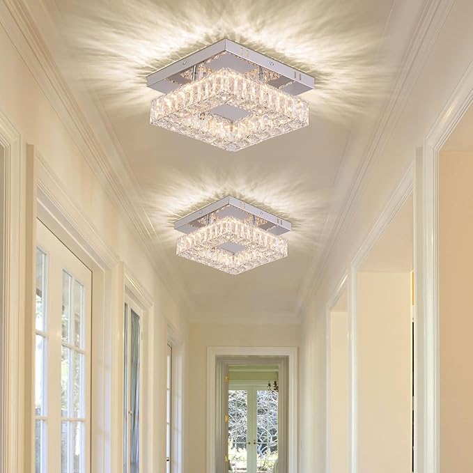 9.8" Modern Mini LED Chandelier Crystal Ceiling Light Flush Mount Ceiling Light for Hallway Foyer Kitchen Closet 3000 K Warm White