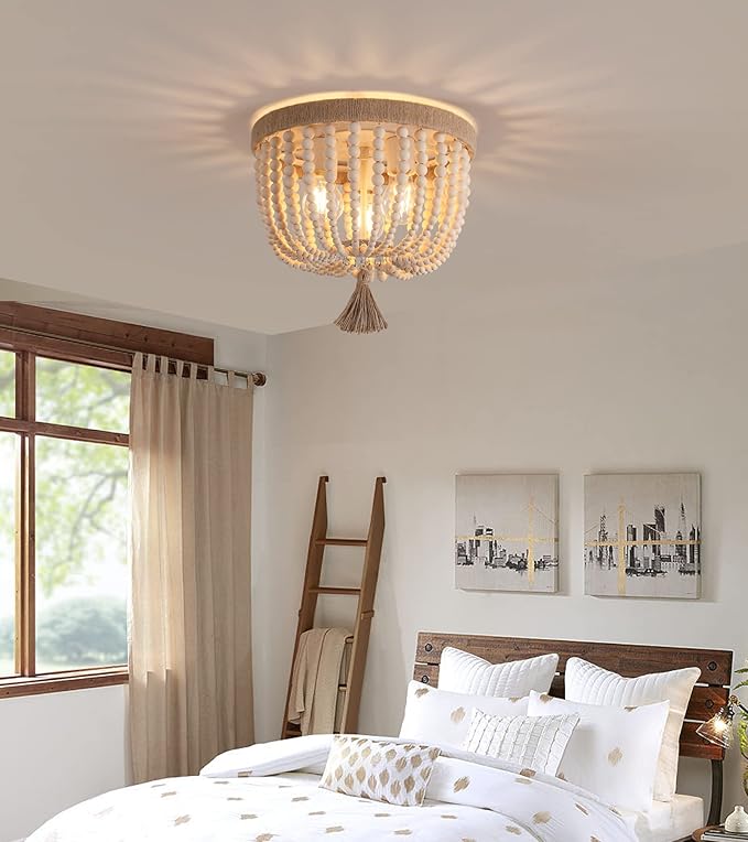AMZASA Boho Flush Mount Ceiling Light Wooden Beaded Hepm Rope Oak Withe Farmhouse Beaded Chandelier Light Fixture 3 Lights for Nursery Bedroom Hallway Entryway