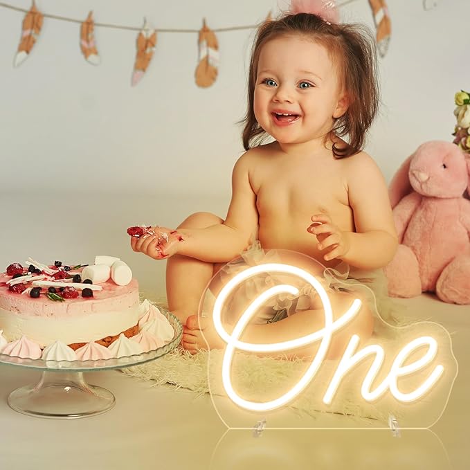 One Neon Sign for First Birthday LED Signs Warm White One Year Old Birthday Table Number Neon Lights Lamp for Home Birthday Party Decor Bedroom Decorations Christmas Gift 30cm*21cm
