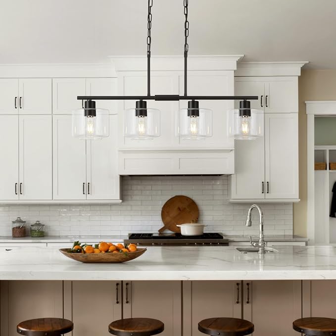 4-Light Kitchen Island Lighting, Modern Black Linear Dining Room Chandelier Light Fixtures with Clear Glass and Chain, Farmhouse Hanging Lights for Kitchen Island Dining Room, OS-YQ8153-4ISBKC