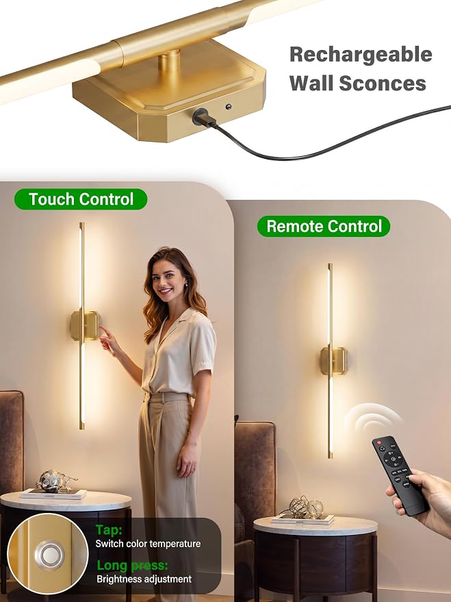 Battery Operated Wall Sconces Set of Two, Wireless Wall Lights Touch & Remote Control Rechargeable LED Wall Lamp 2700K-6000K Dimmable Lights for Living Room Bedroom Bathroom Hallway( 29 ", Gold)