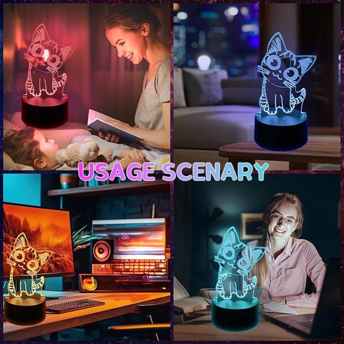 3D Illusion llamp LED Night Light, Anime Night Light Table Lamp USB Powered 7 Colors LED Lights with Touch Switch for Kids Gifts Bedroom Decoration (Cat)