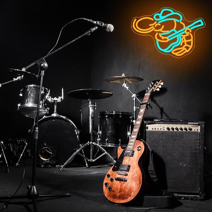 Cowboy Shrimp Neon Sign For Wall Decor Guitar Neon Light Music Led Sign Lobster Led Light Seafood Neon Light Sign for Restaurant Kitchen Music Bar Decor