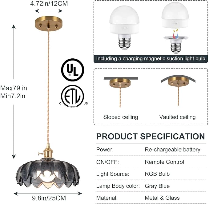 Battery Operated Pendant Light,Gray Blue Vintage Light Fixtures RGB Rechargeable Light Bulb 2500mAh 9.8in with Remote Control Wireless Adjustable Chandelier for Kitchen Island Hallway 1Light