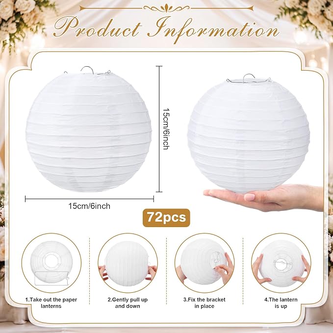 Treela 72 Pack White Chinese Japanese Paper Lanterns Decorative Hanging Round Paper Lantern Lamps for Wedding Birthday Party Decorations (6 Inch)