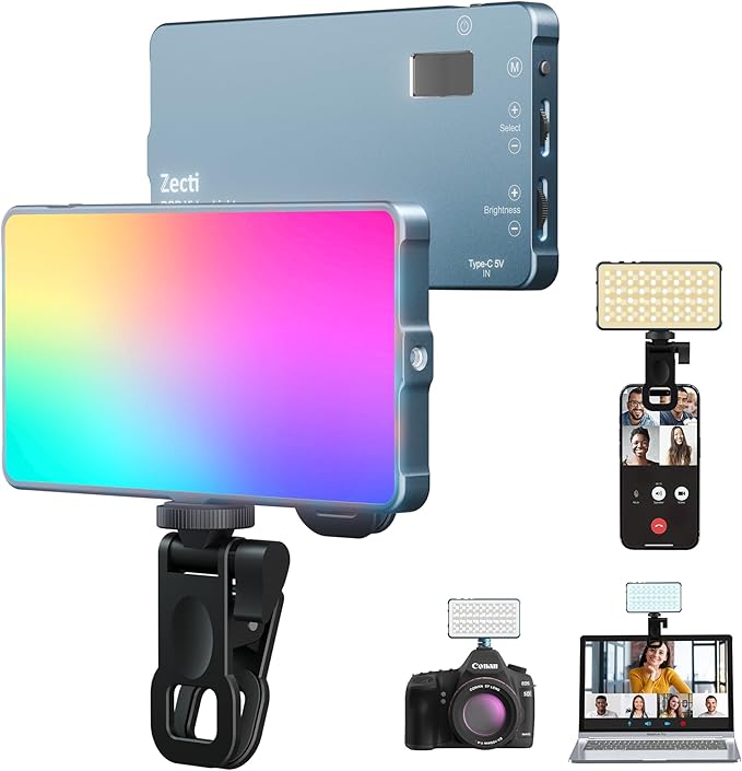 Selfie Light, 96 LED Phone Light with Metal Hotshoe & Clip, 1500mAh Rechargeable 360° Full Color 21 Scenes RGB Video Light for Phones, iPhone, Laptops, Cameras, Selfie, TikTok, Gifts for Men & Women