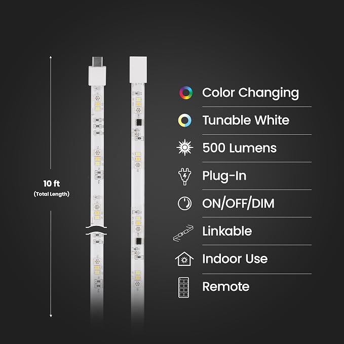 Feit Electric 10FT Smart Chasing LED Strip Light, RGB Color-Changing + Tunable White, Wi-Fi App & Remote Control, Alexa & Google Home, Linkable, Cuttable, Indoor/Outdoor, TAPE10/CHASE/AG