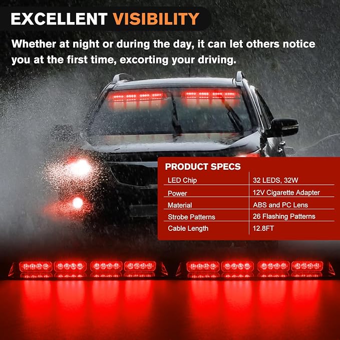 Nilight 32LED Red Emergency Dash Strobe Lights w/Controller Suction Cups | Warning Hazard Interior Front/Rear Windshield Deck Split Light Bar for Trucks Construction Vehicles