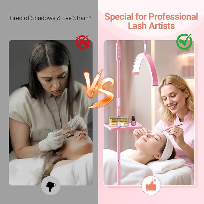 LIONVISON Half Moon Lash Light: 6500K LED Lamp Ring Light with Tray - 360° Flexible Gooseneck Durable Metal Stand - Salon Use for Lash Artists Eyelash Extensions (18In Pink)