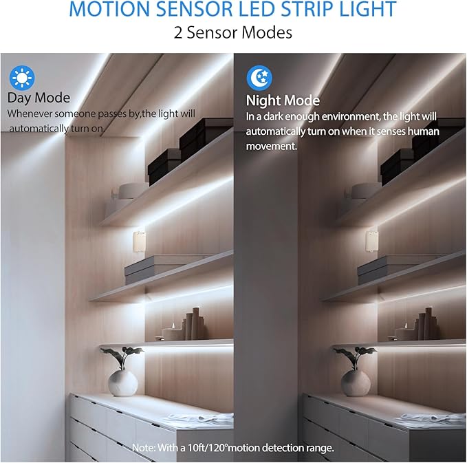 OMIKA COB Motion Sensor LED Strip Light, 6.56ft 640LEDs Closet Lights, Rechargeable Battery Operated Stair Strip Lights for Bed, Pantry, Shelves, Cabinet, Locker, 6000K Cool White, 2 Pack