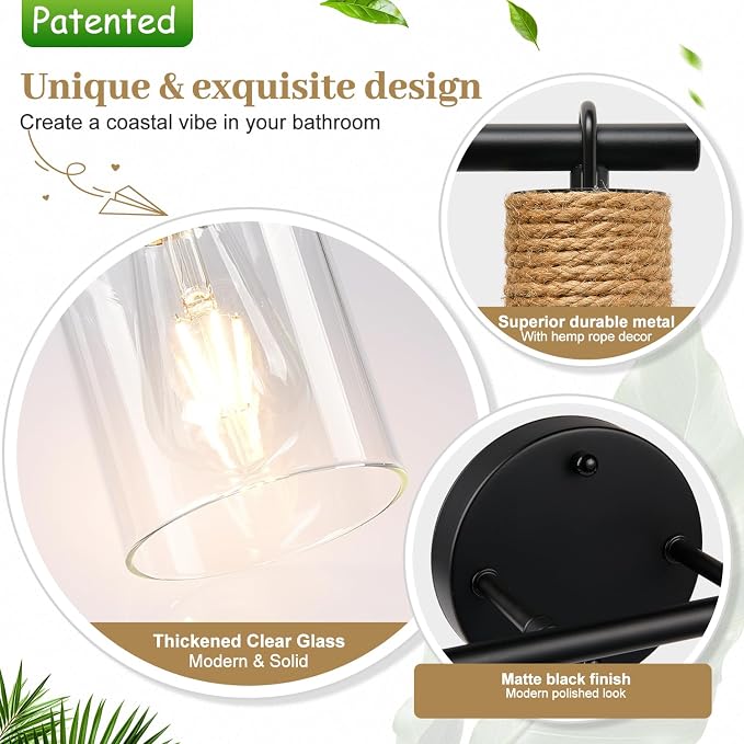 MOKATNG Bathroom Light Fixtures, 2-Light Farmhouse Vanity Lights with Hemp Rope, Black Bathroom Wall Lamp for Mirror Kitchen Hallway Cabinet