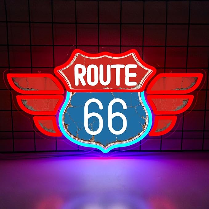 UV Printed Route 66 Neon Sign Vintage Route 66 Garage Wall Decor Dimmable Led Us High Way Sign for Man Cave Garage Neon Lights for Bedroom Party Club Gift
