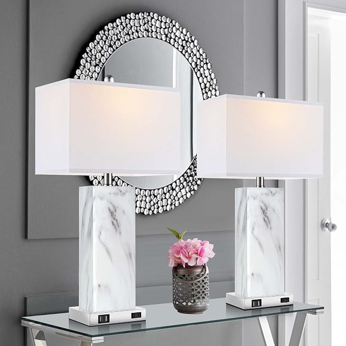 Touch Control Table Lamps Set of 2, Modern Ceramic Bedside Lamp with 2 USB Ports 1 AC Outlet, 3-Way Dimmable White Nightstand Lamp with Fabric Shade for Living Room, Bedroom (LED Bulbs Included)