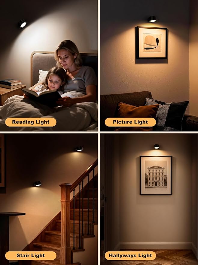 Smiling Shark Wall Light F9, Rechargeable Wall Mounted Lamp LED 3 Color & 4 Brightness Stepless Dimming 360° Rotate Magnetic Ball Cordless Wall Sconce Lamp for Bedroom Reading Bedside (2, Black)