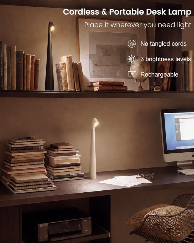 Cordless LED Table Lamp, 4000mAh Rechargeable Portable Desk Lamp, 3-Level Brightness, Bedside Night Light, Ambient Reading Light for Restaurant, Bedroom, Outdoor Camping, Night Light, Black