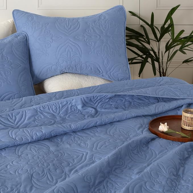 Whale Flotilla Twin Quilt Bedding Set Vintage Damask Reversible Bedspread | Suitable for Bed, 2 Pieces Bluish Grey Lightweight Breathable Quilts Twin Size, Ultrasonic Coverlet with 1 Pillow Sham