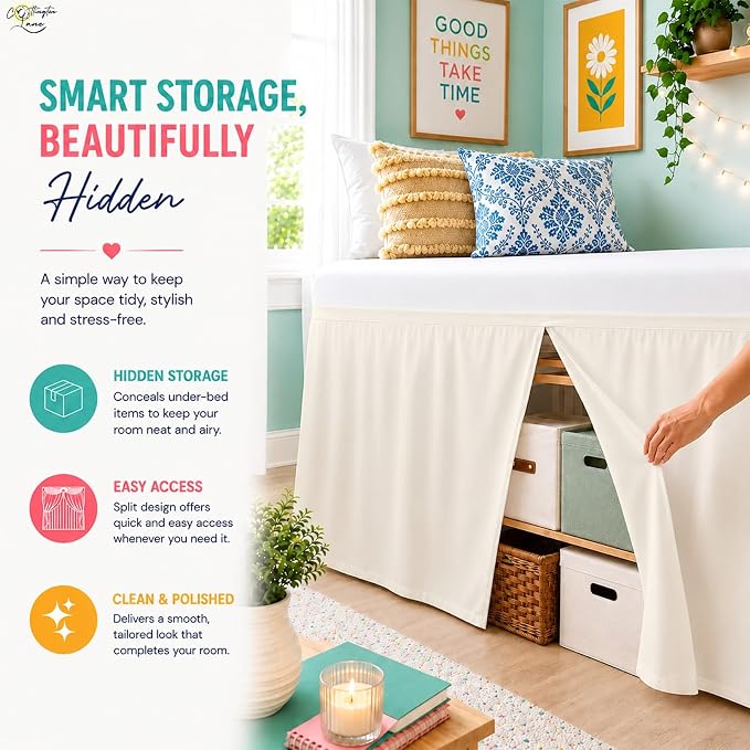 Cottington Lane Tailored Box Pleated College Dorm Bed Skirt Twin XL, Hotel Quality Premium Brushed Microfiber Extra Long Bedskirt Twin XL 42 Inch Drop, Ivory Dorm Bedding