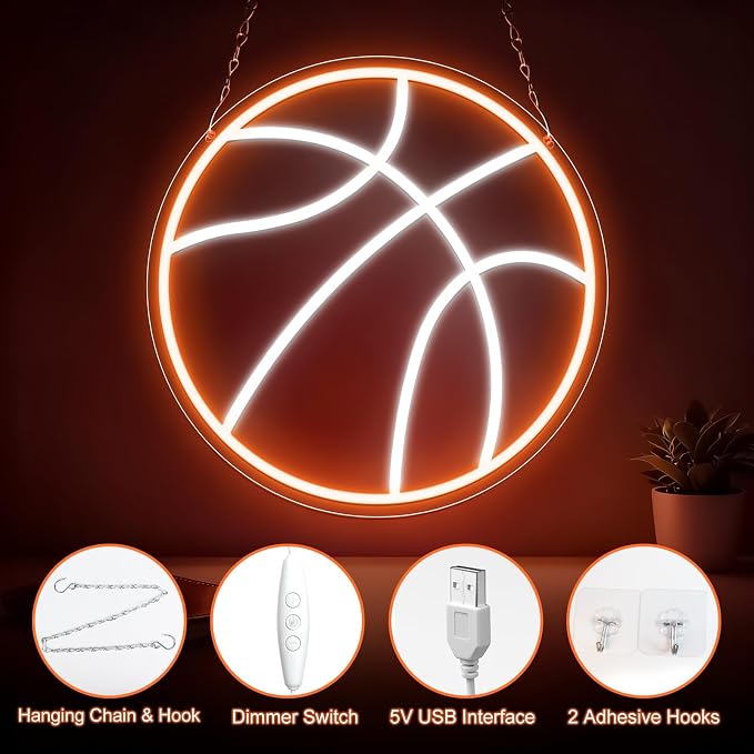 Basketball Neon Sign, Dimmable LED Basketball Neon Light, USB Powered Wall Decor for Bedroom, Kids Room, Man Cave, Game Room, Sports Party, Basketball Gifts for Fans