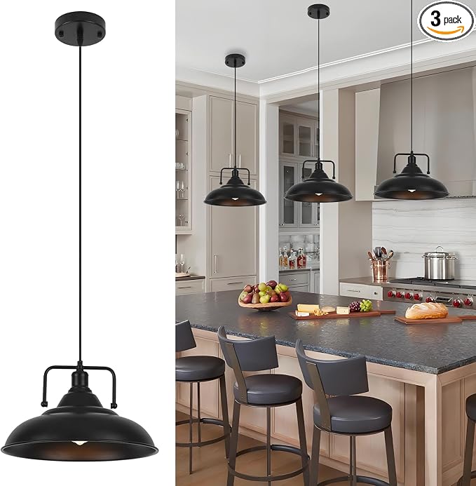 Black Pendant Light, Large Pendant Light 15.7" 3 Packs, Farmhouse Pendant Light, Modern Pendant Lights, Kitchen Pendant Lights, Pendant Lights Kitchen Island for Kitchen, Living Room, Bedroom