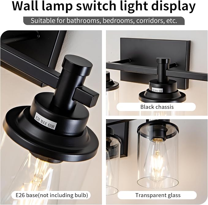 Modern Black Bathroom Vanity Lighting Over Mirror, 6 Lights with Clear Glass Shade, Metal Vanity Light Fixture for Bathroom, Bedroom, Living Room