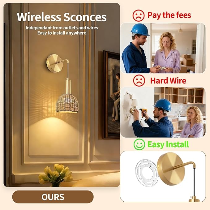 Boho Battery Operated Wall Sconce Set of 2 with Remote, Rechargeable Rattan Wireless Sconces - Dimmable for Bedroom, Living Room, Entryway (Gold)