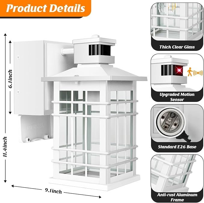 Porch Light with GFCI Outlets, White Motion Sensor Dusk to Dawn Outdoor Wall Light Fixture, 2-Pack Waterproof Outside Wall Lantern Sconce 3 Lighting Modes, Exterior Wall Light for Front Door House