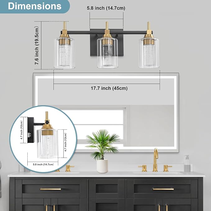 Vanity Light with 3 Color Modes (3000K/4000K/6000K), Eye Protection LED Bathroom Light Fixture, Dimmable Modern Wall Light Over Mirror with Clear Glass Shade (Black and Gold, 3-Light)