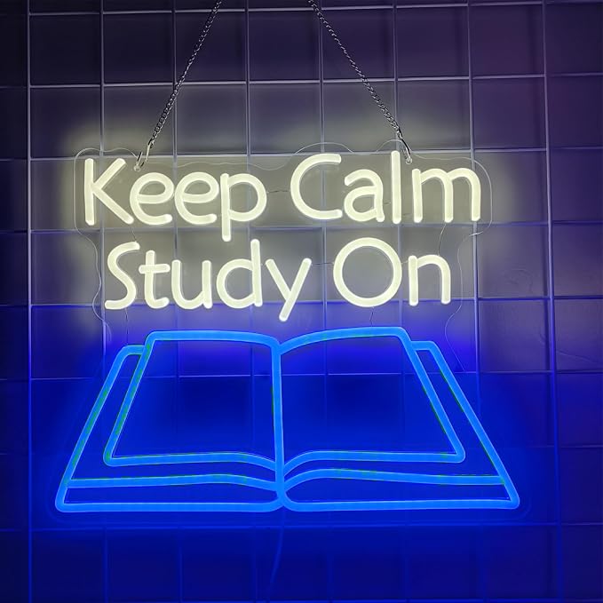 Keep Calm Study On Neon Sign LED Letter Lights Dimmable USB Powered Wall Decor for Classroom Library Reading Nook Student Room Decoration Gift (16.5x13in)