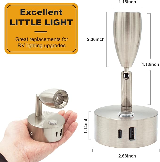 12V LED Reading Light with Dual Charging Ports, Touch Control Dimmable RV Light Interior 12 Volt Bedside Fixture for Camper Boat Van Trailer and Motorhome