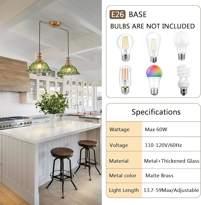 HDDFL Vintage Pendant Light Fixtures Modern Green Glass Hanging Lighting with Adjustable Cord for Kitchen Island Dining Room Living Room Hallway