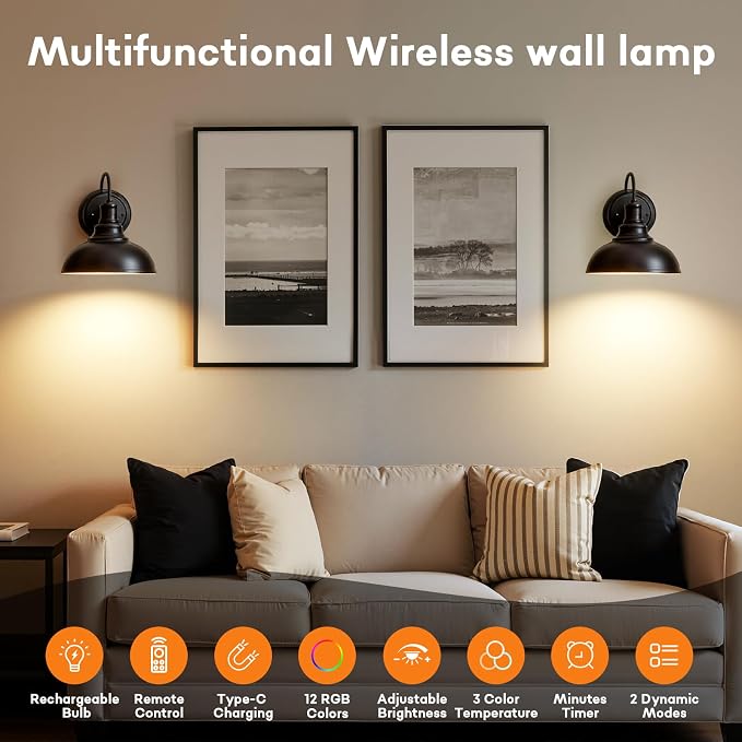 Lightess Black Rechargeable Battery Operated Wall Sconces Set of 2 | Wireless Cordless No Hard Wiring Required Remote Controlled 12 Colors Dimmable Gooseneck For Vintage Bedroom Wall Decor