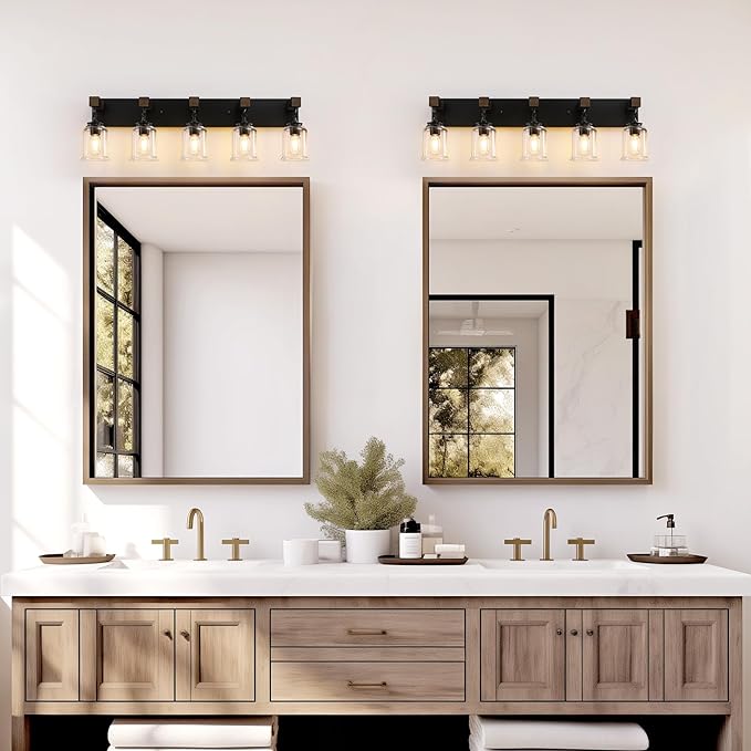 Farmhouse Bathroom Light Fixtures, 5 Light Black Vanity Light, Industrial Style with Clear Glass Shades, Wood Bathroom Lighting Fixtures Over Mirror for Bedroom, Living Room