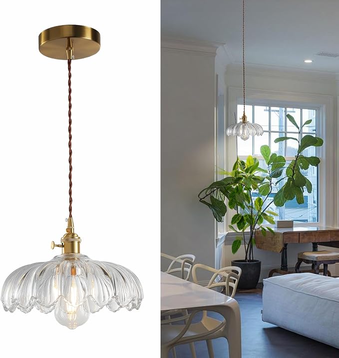 XZHGCEE Glass Pendant Lights Kitchen Island: Vintage Pendant Light Fixtures Small Pendant Light Dining Room, Clear Hanging Light for Living Room, Schoolhouse, Entryway, Foyer, E26