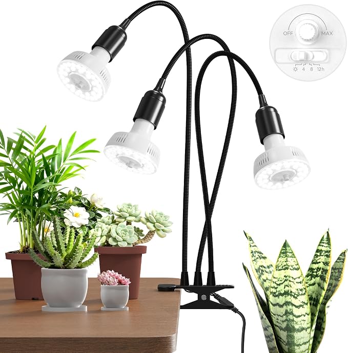 Barrina Orbgrow OG11A3 Clip On Grow Light for Indoor Plants, 5000K 33W | Integrated Stepless Dimming & Timing, Full Spectrum, High PPFD, 3 Goosenecks with E26 Plant Light Bulbs