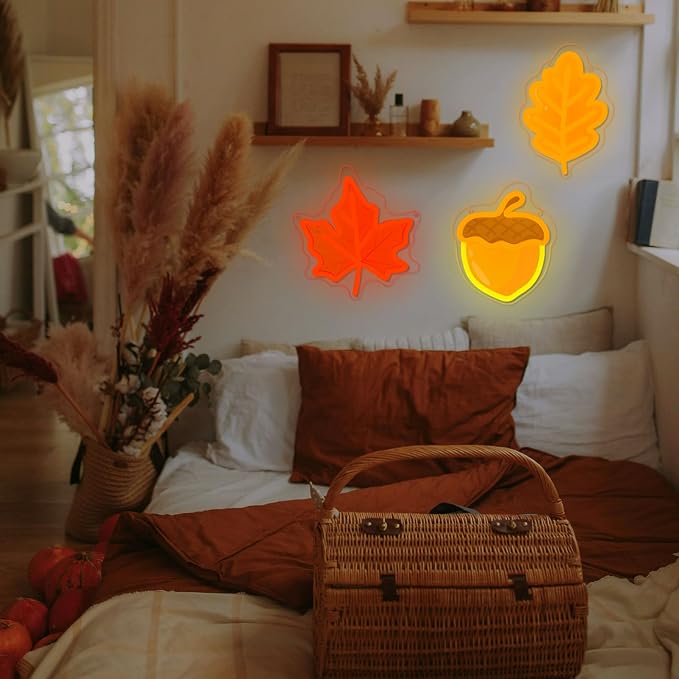 3Pcs Fall Thanksgiving Neon Signs UV-Printed Maple Leaf Acorn Led Neon Sign | USB UV-Printed Autumn Neon Light Up Sign for Mantel Porch Kitchen Wall Decor Harvest Party Thanksgiving Present