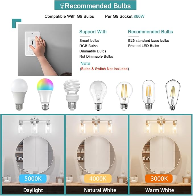 Bathroom Light Fixtures 3-Light Bathroom Vanity Light Brushed Nickel | Stainless steel body, Clear glass shade, E26 scoket, Anti-rust, Easy to install, Vanity lighting fixtures, Over mirror, 18 in