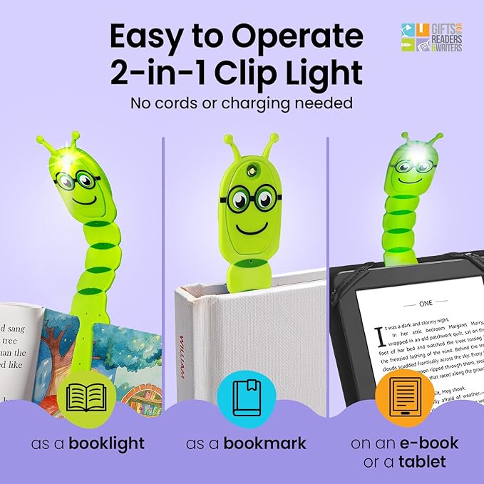Gifts for Readers & Writers Book Light for Kids, Clip On Reading Light for Bed, 2in1 Flexilight Pals & Bookmark, Small & Lightweight with a Soft Glow, 2 Batteries Included, Bookworm Green