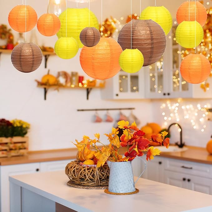 21 Pcs Fall Paper Lanterns Party Decorations, 4/6/8/10 Inch Yellow Orange and Brown Thanksgiving Decorations Autumn Hanging Paper Lanterns for Harvest Theme Party, Wedding, Birthday, Baby Shower
