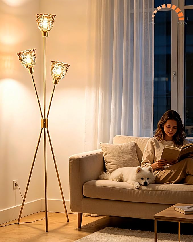 Lightdot 3-Lights Glass Tripod Floor Lamp Gold Dimmable Floor Lamps with 3000K Warm White Bulbs for Wedding Party 62IN Tall Standing Lamp with Amber Glass Shade for Living Room/Bedroom/Home Decor