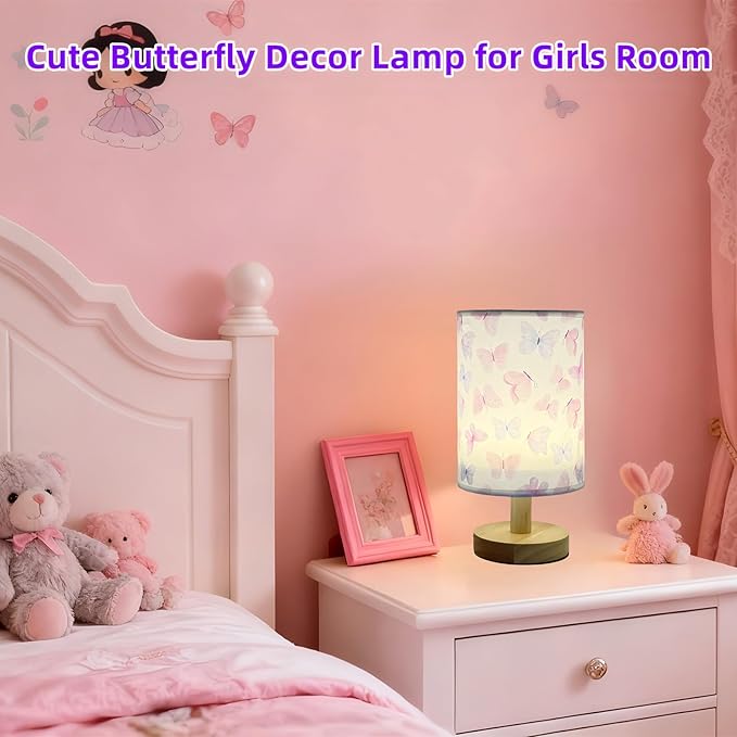 Butterfly Kids Table Lamp for Bedroom Kids Bedside Lamps 3 Colors Dimmable Nightstand Night Light with Cartoon Flaxen Fabric Shade Desk Lamp for Girls Boys Room Nursery Decor,Butterfly Gifts for Girls