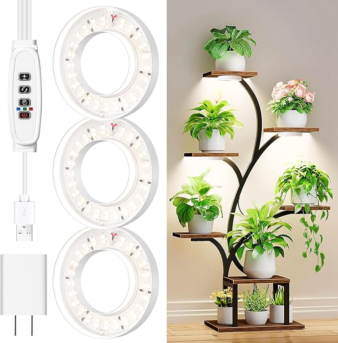 3.54" Ceiling Grow Light for Indoor Plants, Warm&White Full Spectrum Plant Light, Growing Lamp with 6/12/16H Auto Timing, 10 Dimmable Brightness Levels for Small Plants, 3Head