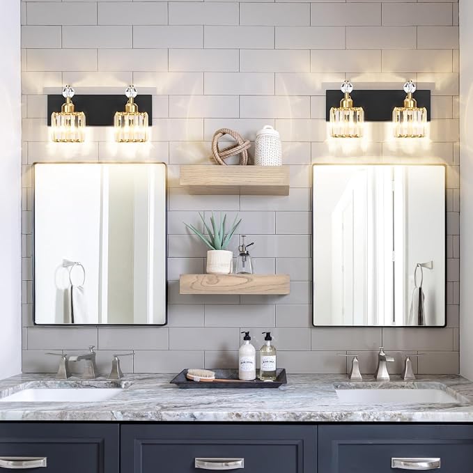 PRESDE Crystal 2 Light Bathroom Vanity Lights Black and Gold Bathroom Lights Fixtures Over Mirror Modern Bedroom Hallway