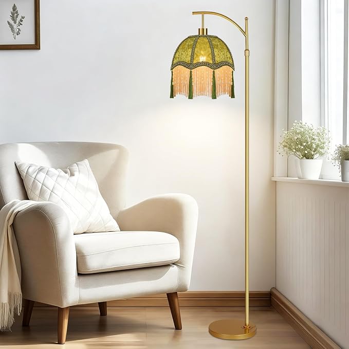 Vintage Floor Lamps for Living Room Boho Rustic Floor Lamp with Remote Control & 3 Color Temperature,Dimmable Gold Floor Lamp Mid Century Modern Standing Lamp Fringe Green Tall Floor Lamp For Bedroom