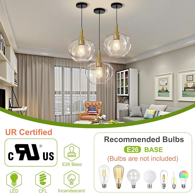 9.45in Black Gold Pendant Lights Kitchen Island with Clear Glass Shade 1PC | Handcrafted Glass Pendant Light Fixtures, UL Certified, E26 Base 100W Max, Height-Adjustable, Dimmable Hanging Pendant Light