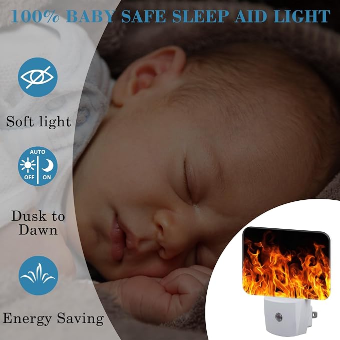 Burning Flame Plug in Night Lights, Fire Flames Nightlight Plug Into Wall Dusk to Dawn Sensor for Kid Girls Boys Women Men Bedroom, Hallway, Kitchen, Bathroom, Stairs Decor