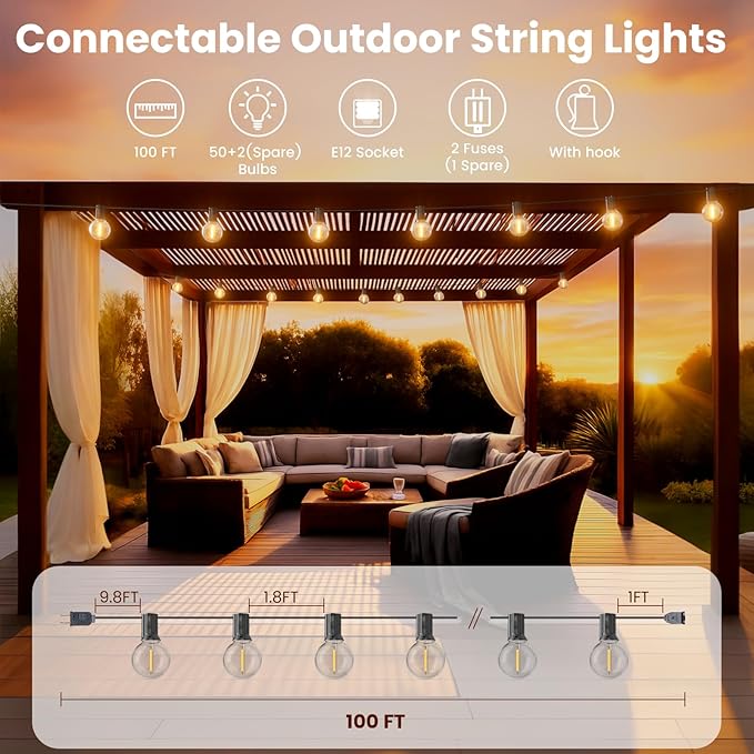 RTTY Outdoor String Lights 100ft, G40 Led Patio Globe Lights with 52pcs Plastic Bulbs, Shatterproof Waterproof Connectable Hanging for Porch Cafe Bistro Backyard Gazebo Balcony Deck Party