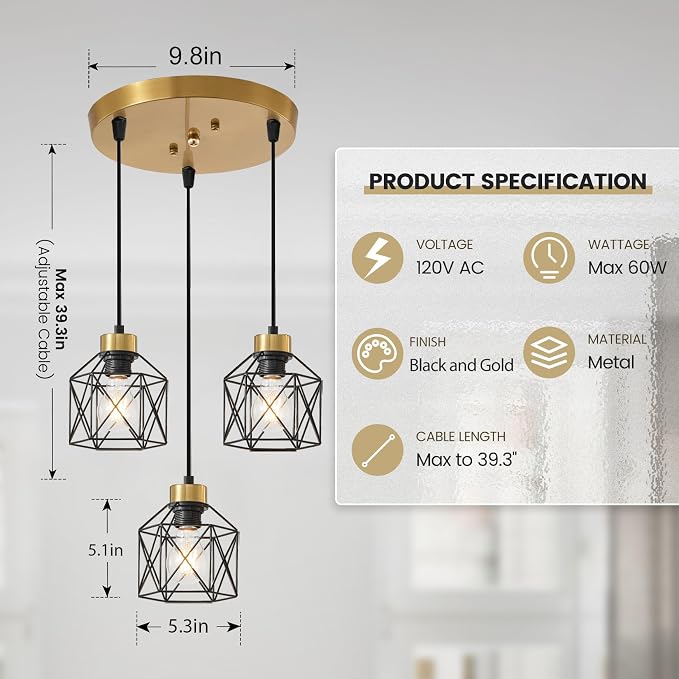 Black and Gold 3-Light Pendant Light Fixture, Farmhouse Hanging Pendant Lighting, Dining Room Chandelier, Industrial Hanging Light Fixture, Metal Cage Pendant Ceiling Lamp for Kitchen