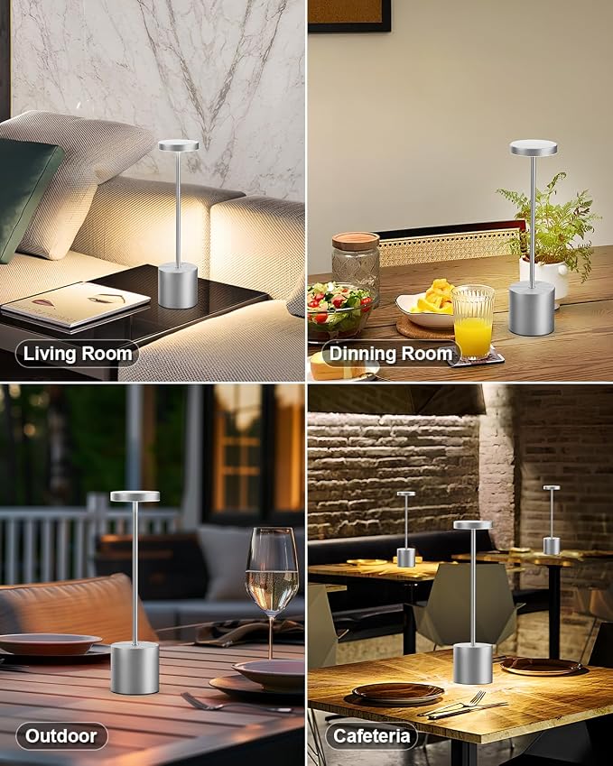 Silver Cordless Table Lamp Rechargeable - 2 Pack 5000mAH Battery Operated Lamp for Counter, 3 Color Stepless Dimming Waterproof LED Wireless Lamp for Dining Kitchen, Outdoor Patio, Touch Control